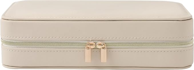 Genuine Leather Travel Jewelry Organizer Case Box with Mirror for Women, Small Mini Portable Jewelry Box for Ring Earrings Necklace Bracelet Luxury Gift for Women（Beige）