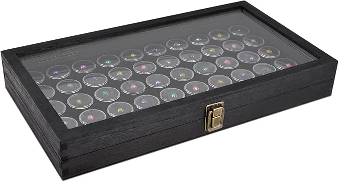 MOOCA Glass Top Black Jewelry Display Case Box 50 Gem Jars, Ring Box, Jewelry Organizer, Jewelry storage Black Tray with Gem Jar, 15" W x 8.5" D x 2" H