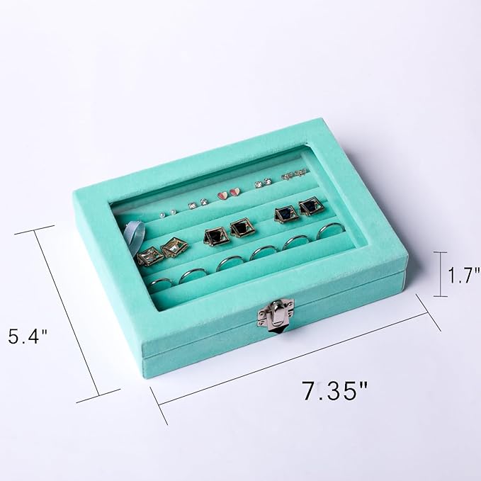 Frebeauty Rings/Earring Organizer Tray with Clear Lid,7 Slots Ring Box Velvet Ring Holder Drawer Insert Jewelry Storage Box Jewelry Display Case Jewelry Box Gift for Women and Girls(Turquoise,7 Slots)