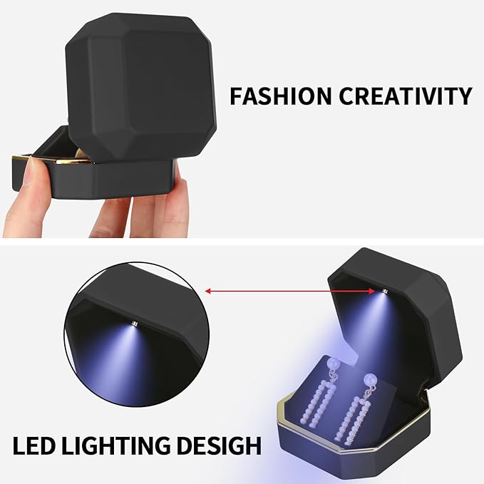 Luxury LED Jewelry Earring Pendant Stud Box, Velvet Earring Necklace Gift Box Storage Case Organizer Holder for Proposal Engagement Wedding Anniversary Birthday Ceremony (Black)