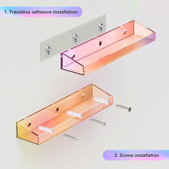 Bakzon 2 Pack Acrylic Shelves for Wall Storage, 15" Floating Shelves, Kids Bookshelf, Nail Polish Holder, Perfume Display Shelf Organizer for Bathroom, Bedroom, Living Room, Iridescent