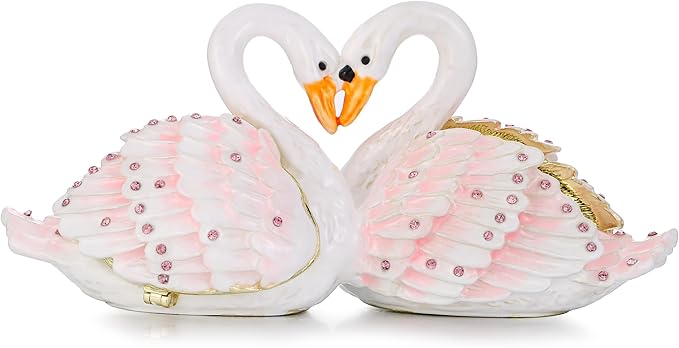 Hand Painted Animal Trinket Box for Home Decor, Hinged Jewelry Organizer Storage, Unique Personalized Collectible Keepsake Figurine Handmade Decorative Ornament Gifts (Swan Couple)