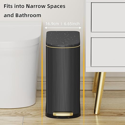 KSSKSS 2.6 Gallon Slim Bathroom Trash Can with Soft-Close Foot Pedal, 10L Stainless Steel Garbage Can with Removable Liner Bucket, for Narrow Spaces,Bathroom, Bedroom (Titanium Black)