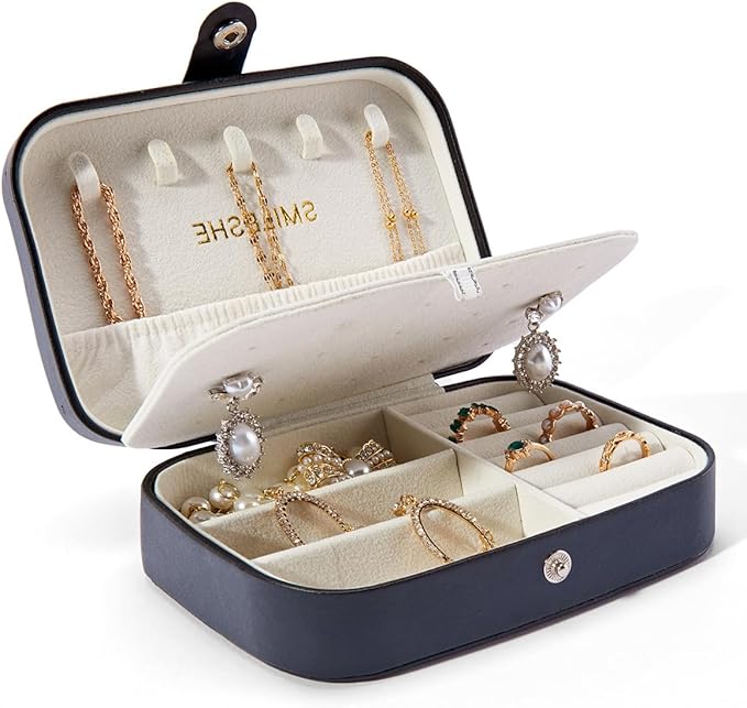 Smileshe Jewelry Box, PU Leather Small Portable Travel Case, 2 Layers Organizer Display Storage Holder Boxes for Rings, Earrings, Necklaces, Bracelets