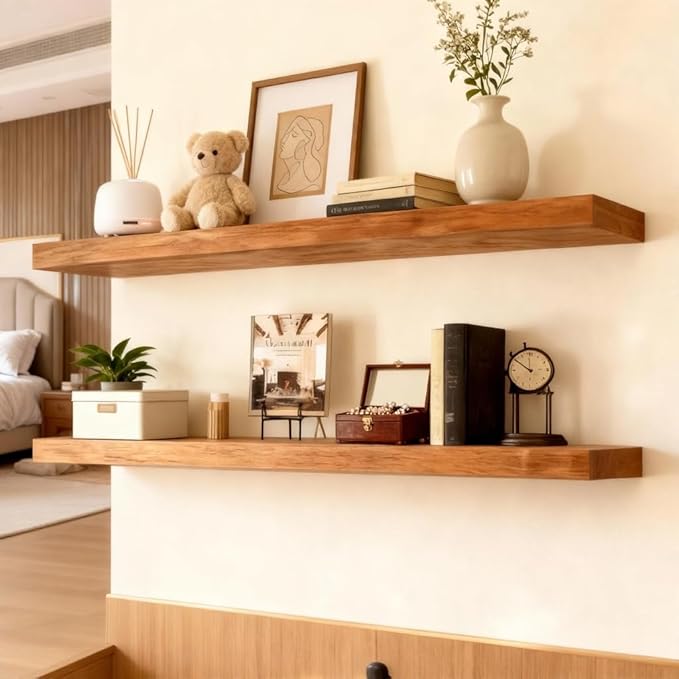 ROGMARS 36 Inches Long Walnut Floating Shelves,Rustic Solid Wood Farmhouse Wall Shelves with Invisible Brackets for Bathroom, Living Room, Bedroom, Kitchen Set of 2