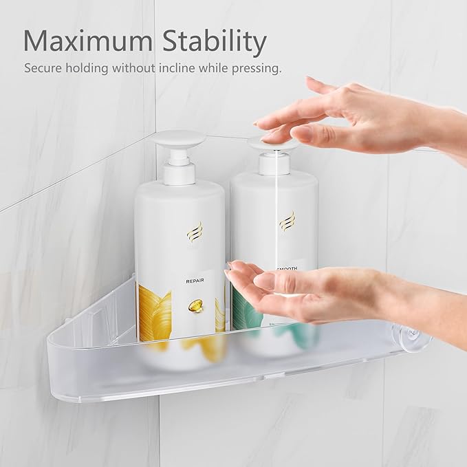 Sotfamily Plastic Shower Caddy Corner (for 90° Only), 2 Pack Adhesive Corner Shower Shelves for Bathroom Organizers and Storage, Frosted Clear