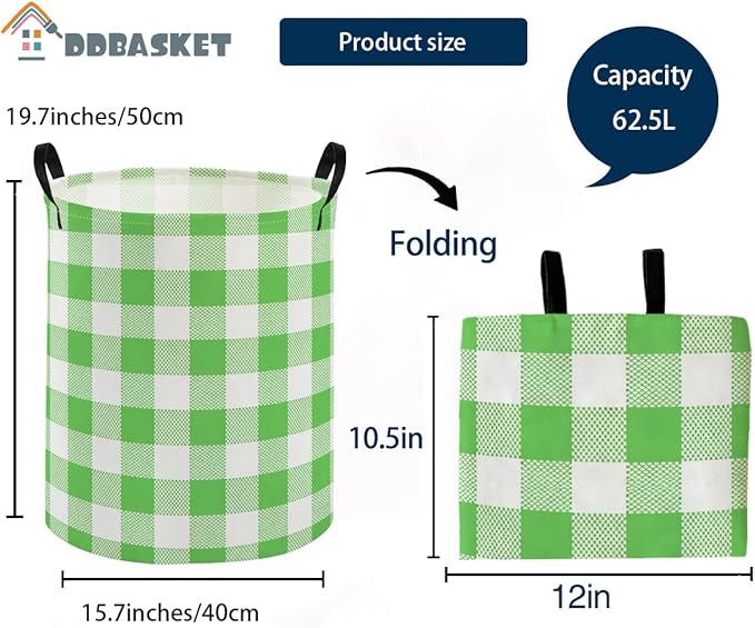 Kids Laundry Basket Grid Hamper for Nursery Green Hamper Cute Kids Storage Bin Organizer Room Decor for Home(Green Grid)