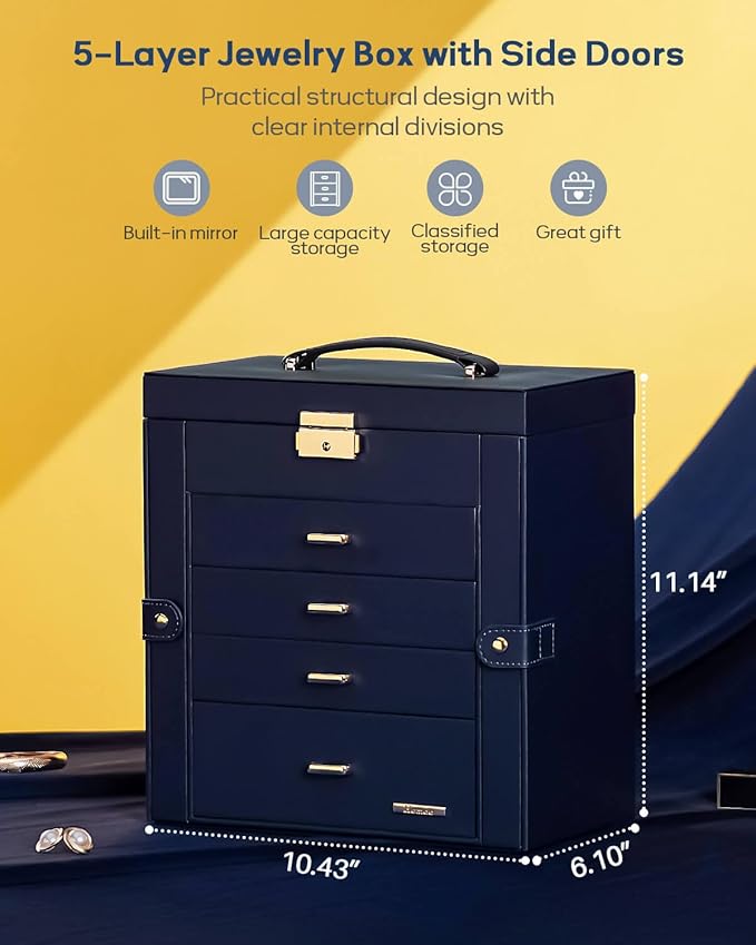 Homde Mothers Day Gifts Synthetic Leather Huge Jewelry Box Mirrored Watch Organizer Necklace Ring Earring Storage Lockable Gift Case (Dark Blue + Gold)