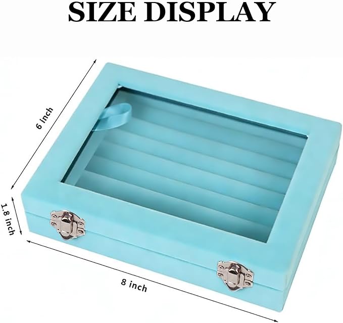 Jewelry Box Rings Organizer Tray 7 Slots Velvet Jewelry Earring Storage Box With Transparent Lid Jewelry Display Case for Girls Women (Light Blue)