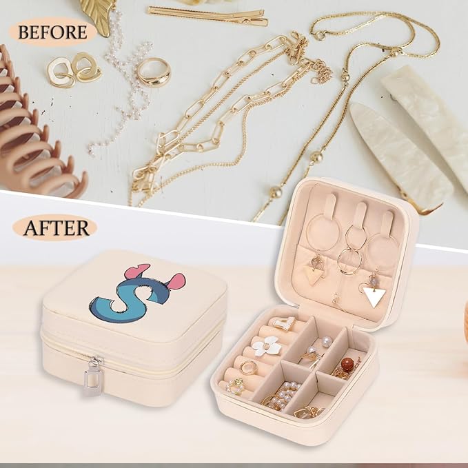 LONGXIN Cute Cartoon Gifts, Initial Travel Jewelry Case Small Jewelry Box Organizer, Personalized Gifts for Women Teen Girls, Birthday Christmas Gifts for Cartoon Lovers, Letter S