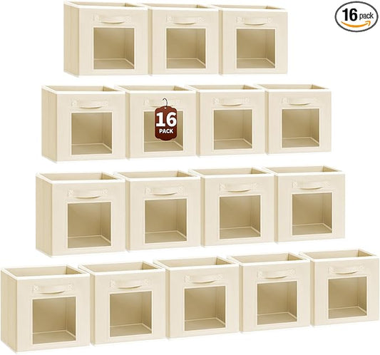 Homsorout Foldable Storage Cubes - Square Organizer with Window, Decorative Baskets for Organizing, Fabric shelf Basket for Clothes, 11 Inch Closet Storage Cubes, Set of 16, Beige