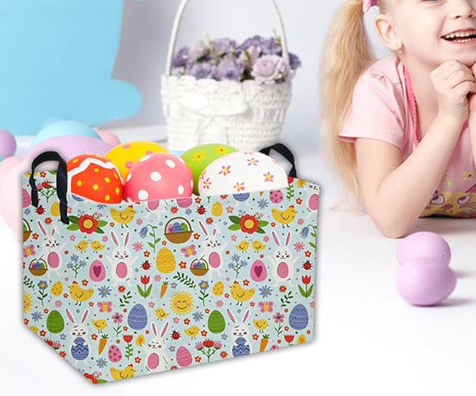 Easter Basket for Kids Gift Bunny Baskets Empty Baby Basket for Boys and Girls Rectangular Toy Storage Bins Organizer Bin Box Cute Egg Room Decor for Home(Bule Easter)