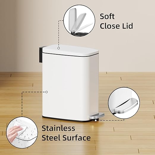 KSSKSS Small Bathroom Trash Can with Lid Soft Close, Step Pedal, 6L / 1.6 Gal Stainless Steel Garbage Bin with Removable Inner Bucket, Slim Wastebasket for Narrow Spaces (White)
