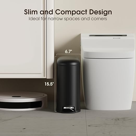 CEROELDA Small Bathroom Trash Can with Lid Soft Close, 5L/1.3 Gallon Stainless Steel Slim Garbage Can, Metal Waste Basket with Step Pedal, for Office, Bedroom, Toilet, Dorm Room (Black, 1.3 Gallon)