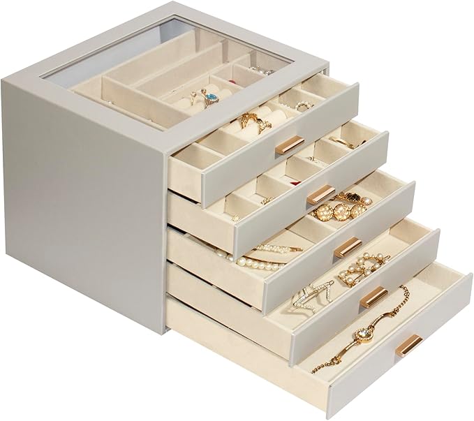 Jewelry Box with Glass Lid, 5-Layer Jewelry Organizer for Women Girls, PU Leather Display Case with 20-Grid Earring Tray & Movable Dividers for Necklaces Rings,Grey