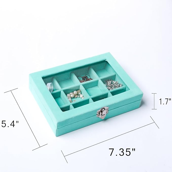 Frebeauty Jewelry Organizer Tray with Clear Lid 12 Grid Velvet Drawer Insert Jewelry Box with Transparent lid Jewelry Display Case Store Showcase Jewelry Box Gift for Women(Turquoise,12 Grid)