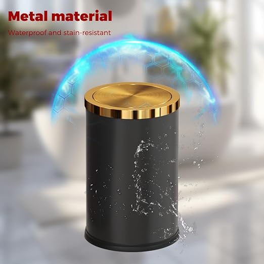 9L/2.4GAL Black and Gold Bathroom Trash Can, Small Trash Can with FILP Lid for Bathroom,Hotel,Office,Lundry,Powder Room (ＢＬＡＣＫ)