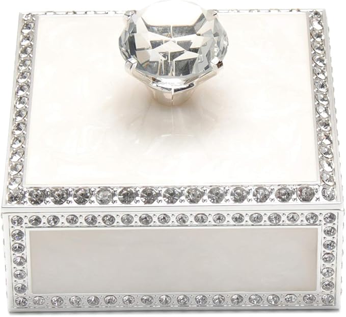 LASODY Diamond Crystal Jewelry Storage Box for Rings Earrings Necklace Treasure Chest Organizer Jewelry Keepsake Gift Box Case for Girl Women (Diamond Square Silver Plater White)