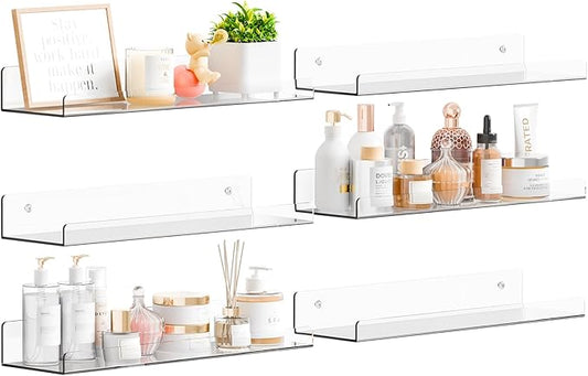 Yieach 6 Pack 15" Acrylic Shelves for Wall,Bathroom,Bedroom - with Adhesive - No Drilling Clear Floating Shelves for Funko Pop,Lego,Action Figures,Nail Polish,Perfume Shelf and Wall Storage & Display
