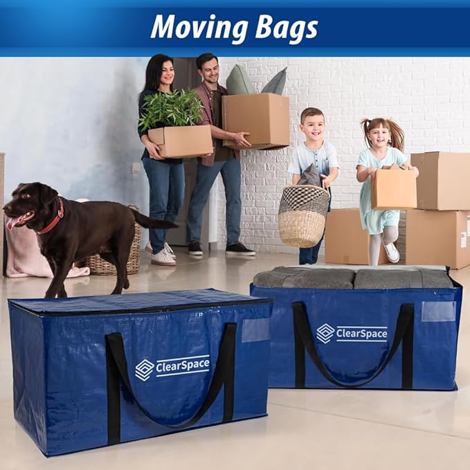 ClearSpace Heavy Duty Moving Bags - Water Resistant Storage Bags or Storage Bins with Lids and Moving Supplies - Large Moving Boxes for College Dorm, Travel, Closet Organization - 8 Pack