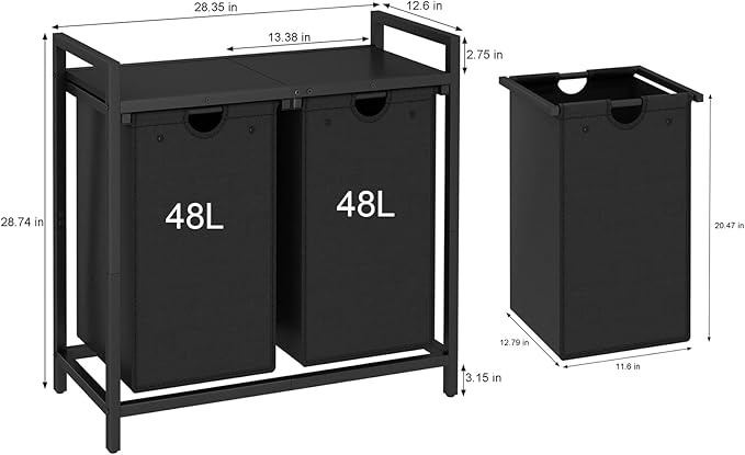 LAATOOREE Laundry Hamper, Two-Color 2 × 48L Laundry Basket with 2 Removable Laundry Sorter Bags and Top Shelf, Clothes Hamper for Laundry Room, Bathroom
