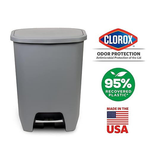 Glad Kitchen Trash Can | Large Plastic Waste Bin with Odor Protection of Lid | Hands Free with Step On Foot Pedal and Garbage Bag Rings, 20 Gallon, Grey