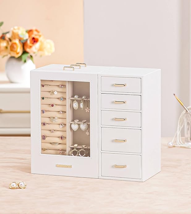 Homde Large Jewelry Box/Organizer/Case with Glass Window, Drawers for Necklaces Earrings Rings Bracelets Watches Gift for Women Girls