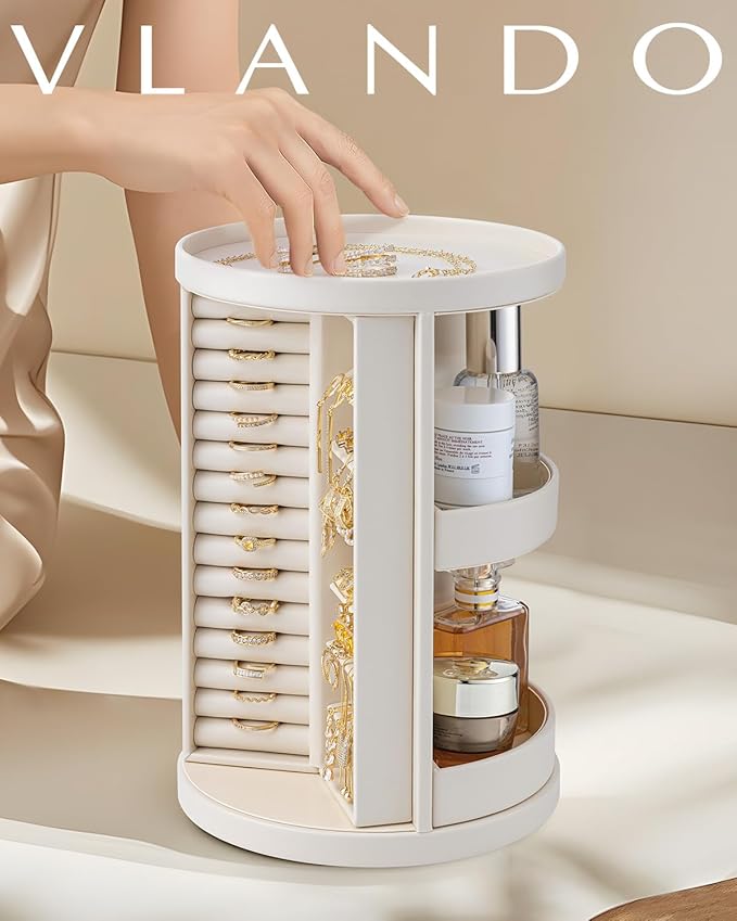 VLANDO 360°Rotating Jewelry Box,Earring Organizer Large Vertical Jewelry Organizer with 6 Necklace Hooks, Open Ring Display Storage for Women - Cream White