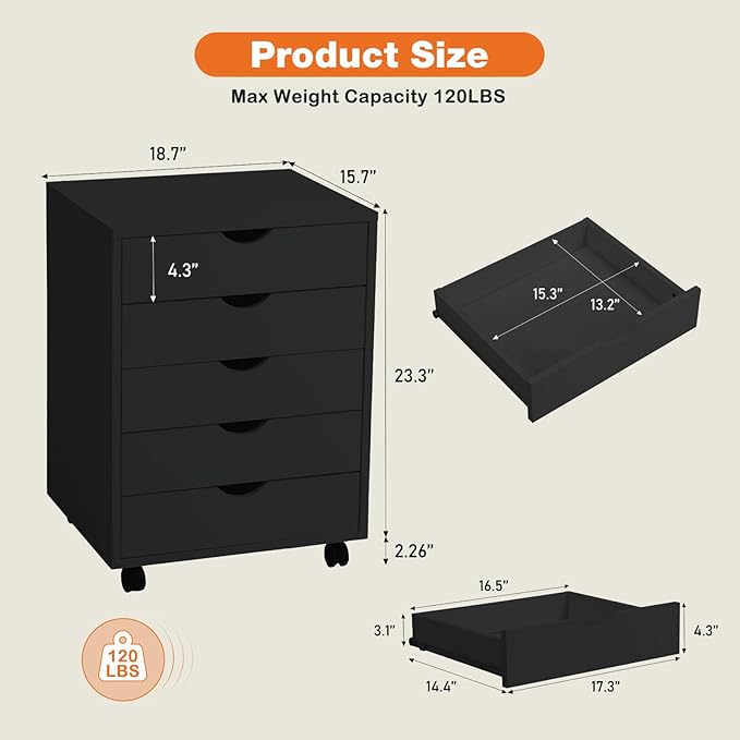 5 Drawer Mobile File Cabinet Under Desk Storage Organization with Wheels Vertical Filing Chest Rolling Wood Small Desk Printer Stand for Home Office, Black