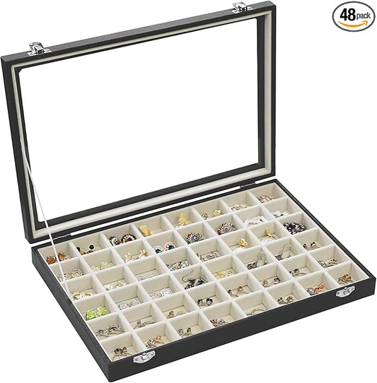 Stratalife Jewelry Organizer 48 Grid Jewelry Tray with Clear Lid Dust-proof Velvet Earring Organizer Necklace Rings Holder Display Drawer Storage Case for Women Beige Black