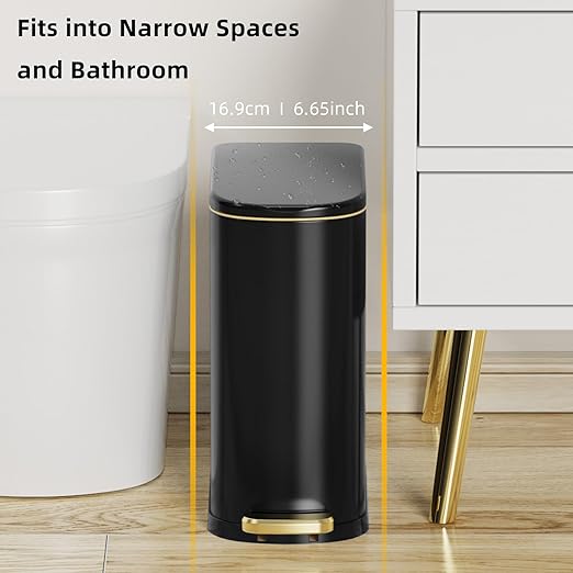 KSSKSS 2.6 Gallon Slim Bathroom Trash Can with Soft Close Lid, 10L Stainless Steel Garbage Can with Removable Liner Bucket, for Narrow Spaces, Bathroom, Bedroom (Matt Black)