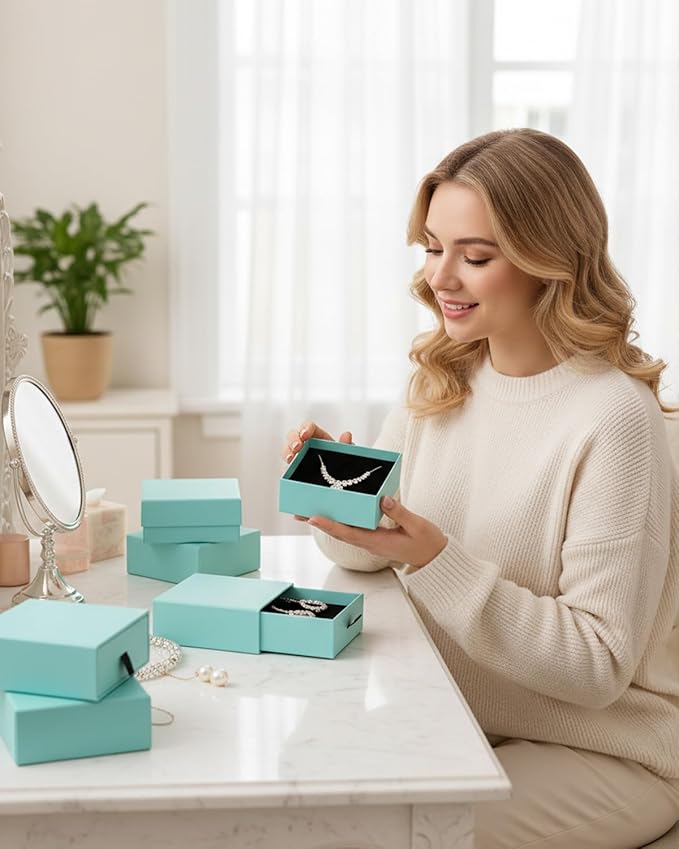 Jewelry Gift Box Velvet-Lined, 12 Pack Compact Drawer Style for Earrings & Rings, Necklace & Bracelet Organizer, Stackable Jewelry Display & Storage Box, Elegant Jewelry Storage (Blue)