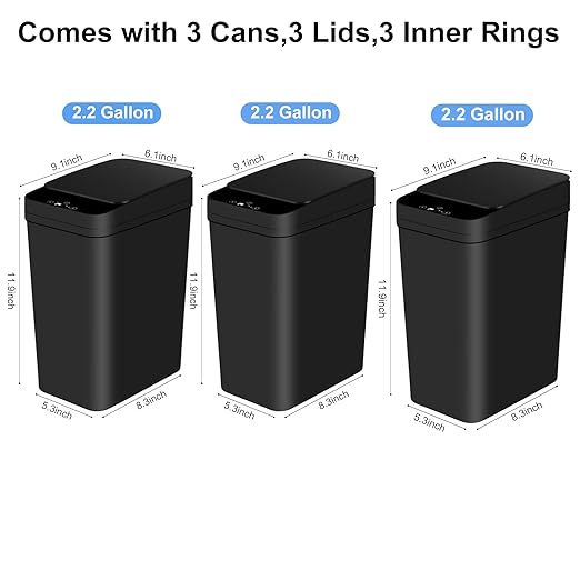 Anborry Bathroom Automatic Trash Can 3 Pack 2.2 Gallon Motion Sensor Touchless Small Slim Garbage Can with Lid Smart Electric Narrow Garbage Bin for Bedroom Living Room Office Kitchen (Black)