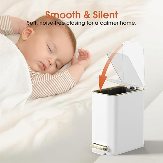 Small Bathroom Trash Can with Lid Soft Close, 5L / 1.3 Gallon Slim Garbage Can with Removable Inner Bucket, Step Stainless Steel Trash Bin for Office, Bathrooms, Bedroom, Living Room (White)