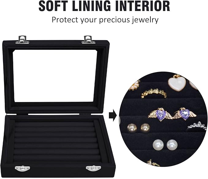 Vicoter Rings Organizer Tray 7 Slots Velvet Jewelry Earring Storage Box with Transparent lid Jewelry Display Case for Girls Wife Mom Women (Black)