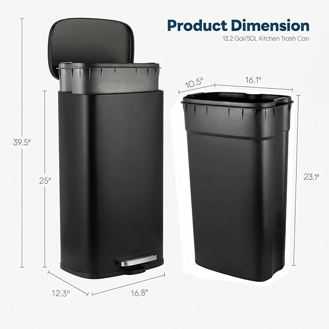 13.2 Gal Kitchen Trash Can, 50L Recycling or Garbage Bin, Brushed Stainless Steel Waste Basket, Soft&Quiet Close Dustbin, with Step-On Pedal, Removable Inner Bucket, for Home, Office, Living Room