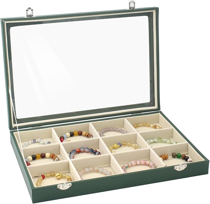 KOOAAICCHI Jewelry Tray Organizer with Clear Lid - 12 Grid Storage Display Case with Lock Earring Ring Organizer Showcase Gifts for Women-Green