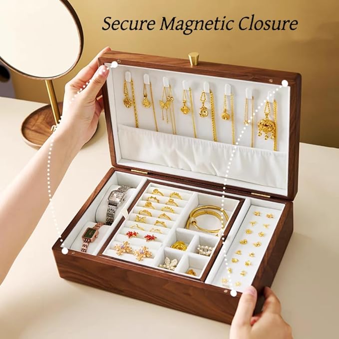 Bescott 2 Layer Solid Black Walnut Wooden Jewelry Box for Women Wood Vintage Organizer for Men Earrings Rings Necklaces Bracelet Watch Storage