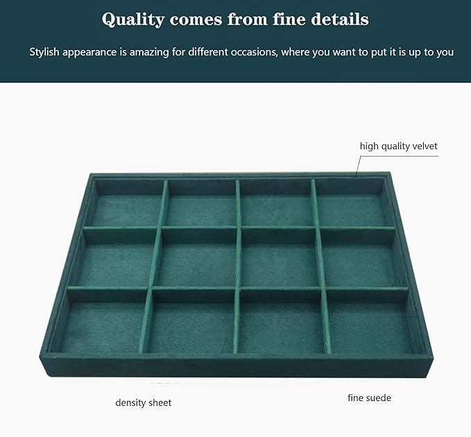 Large Velvet Jewelry Tray, Drawer Organizer for Jewelry in Dresser, Stackable Jewelry Drawer Organizer Inserts for Earring Necklace Bracelet Rings(Green,12grid)