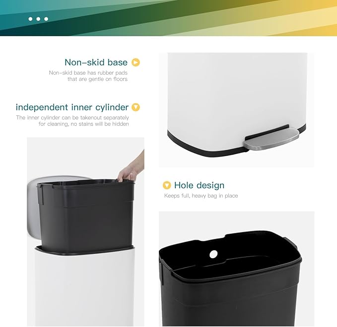FDW | 13 Gallon Trash Can with Lid | White | Fingerprint-Proof | Made of Brushed Stainless Steel | Soft-Close Step Pedal | Hands-Free Use | Easy to Clean | for Kitchen, Office, Bathroom