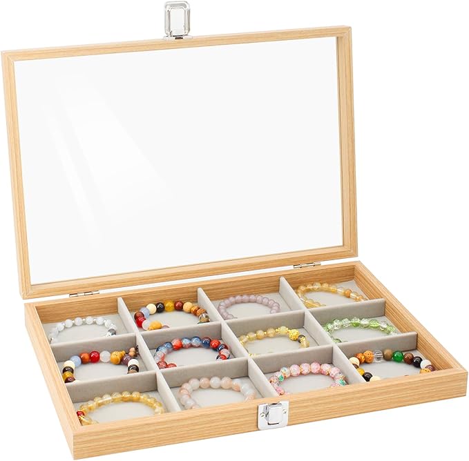 KOOAAICCHI Jewelry Organizer Tray 12 Grid Velvet Jewelry Storage Box with Clear Lid Jewelry Display Case with Lock Bracelet Earring Ring Organizer Showcase Gifts for Girls Women-12 Grid Wooden Beige