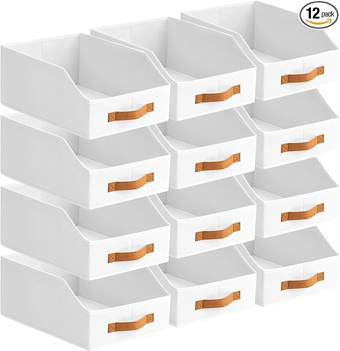 Homsorout Fabric Storage Bins for Organizing - 12 Pack Large Trapezoid Collapsible Storage Bins with Front Handle, Closet Organizers and Storage for Bedroom, Home Shelves, Small Spaces, White