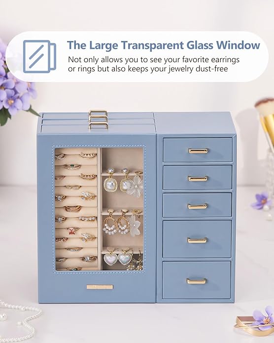Homde Large Jewelry Box/Organizer/Case with Glass Window, Drawers for Necklaces Earrings Rings Bracelets Watches Gift for Women Girls