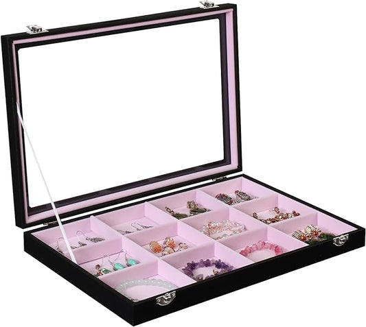 Stratalife Jewelry Organizer Bracelet Earring Holder Organizer Jewelry Drawer Storage Anti Tarnish Bangle Ring Holder Box for Women Girls 12 Grid (Pink Black)