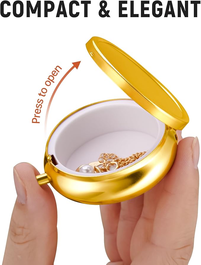 Mini Travel Jewelry Box with Built-In Mirror, Ultra-Portable Jewelry Holder for Rings, Necklaces, Earrings, Pills, Tea Bags, Small Accessories, Press-to-Open Multifunctional Storage (Gold)