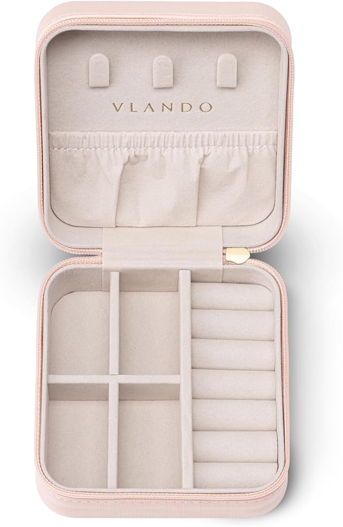 VLANDO Small Faux Leather Travel Jewelry Box Organizer Display Storage Case for Rings Earrings Necklace, Pink