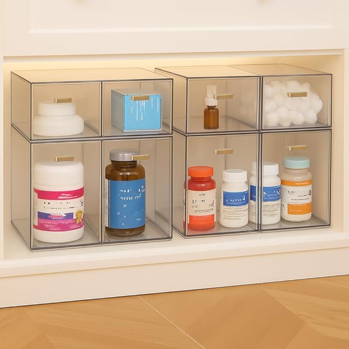 LALOBLUE Clear Stackable Drawer Organizer, 4 Pack Acrylic Storage Drawers with Pull-Out Design, Space-Saving Organizer for Bathroom, Vanity, Kitchen & Office