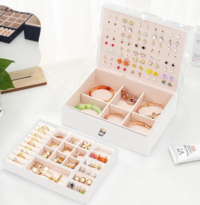 QBestry Jewelry Box for Earrings, Teen Girls Jewelry Organizer Box Earring Holder Organizer for Girls Jewelry Box Stud Earring Organizers for Girls Earrings Jewelry Boxes for Women Bling