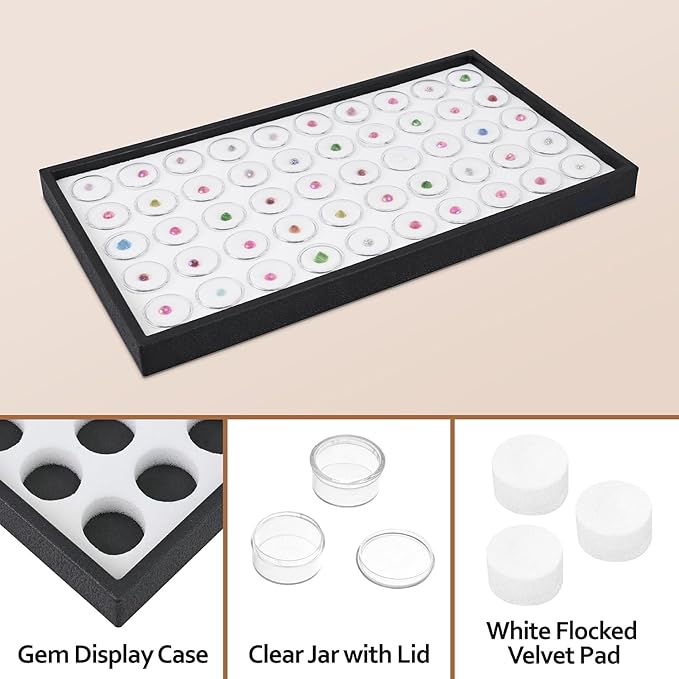 Ikee Design White Foam Gem Jars Showcase Stackable Display Tray for Collectibles, Home Organization Storage Box with 50 Gemstones and Bead Storage Jars, White Foam/Black Tray
