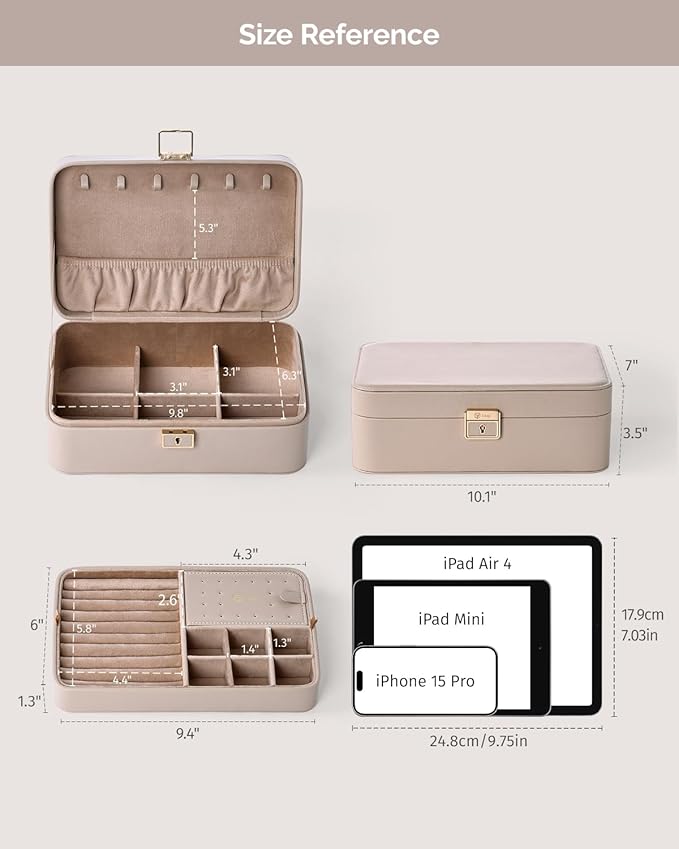 Jewelry Box, 2-Layer Jewelry Holder Organizer with Lock, Removable Jewelry Tray for Earrings Necklaces Bracelets, Light Taupe